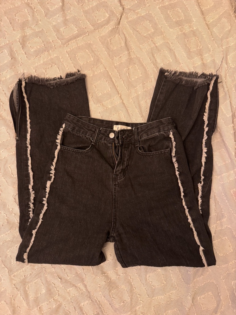 High-Rise Black Straight-Leg Jeans with Fringe Side Trim